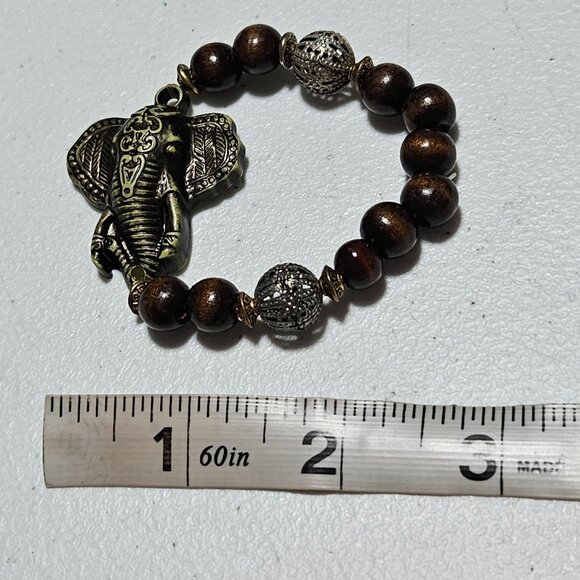 African Inspired Elephant Pendant Bracelet Wooden Metal Beads Statement Jewelry - Picture 5 of 5